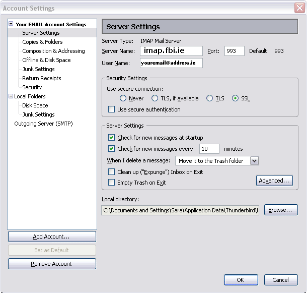 SMTP SERVER SETTINGS ON THUNDERBIRD 2.0