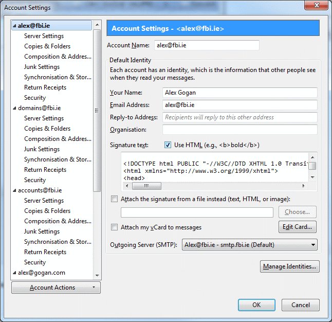 Thunderbird Dialogue box Account Settings (more than just html signature here!